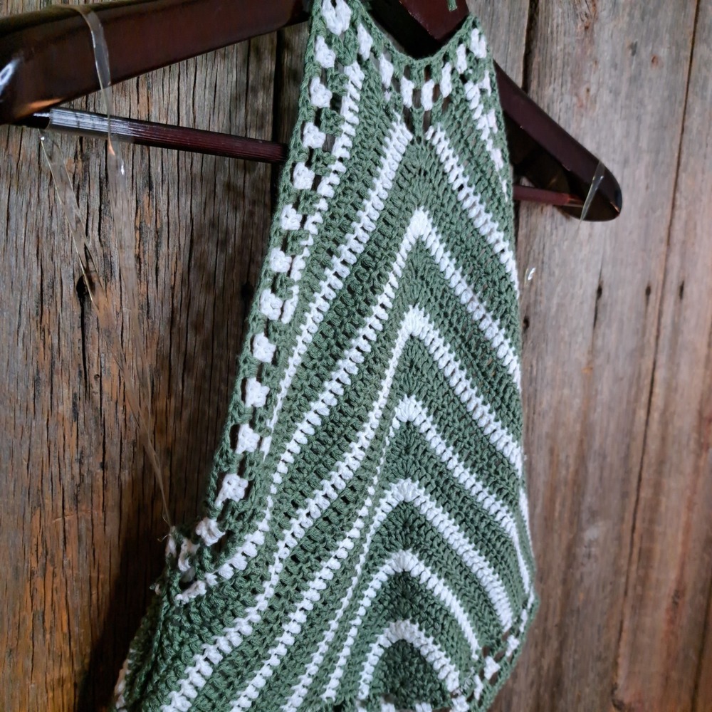 Festival Cottagecore Crochet Halter Top Women's M/L Olive Green Cream Chevron